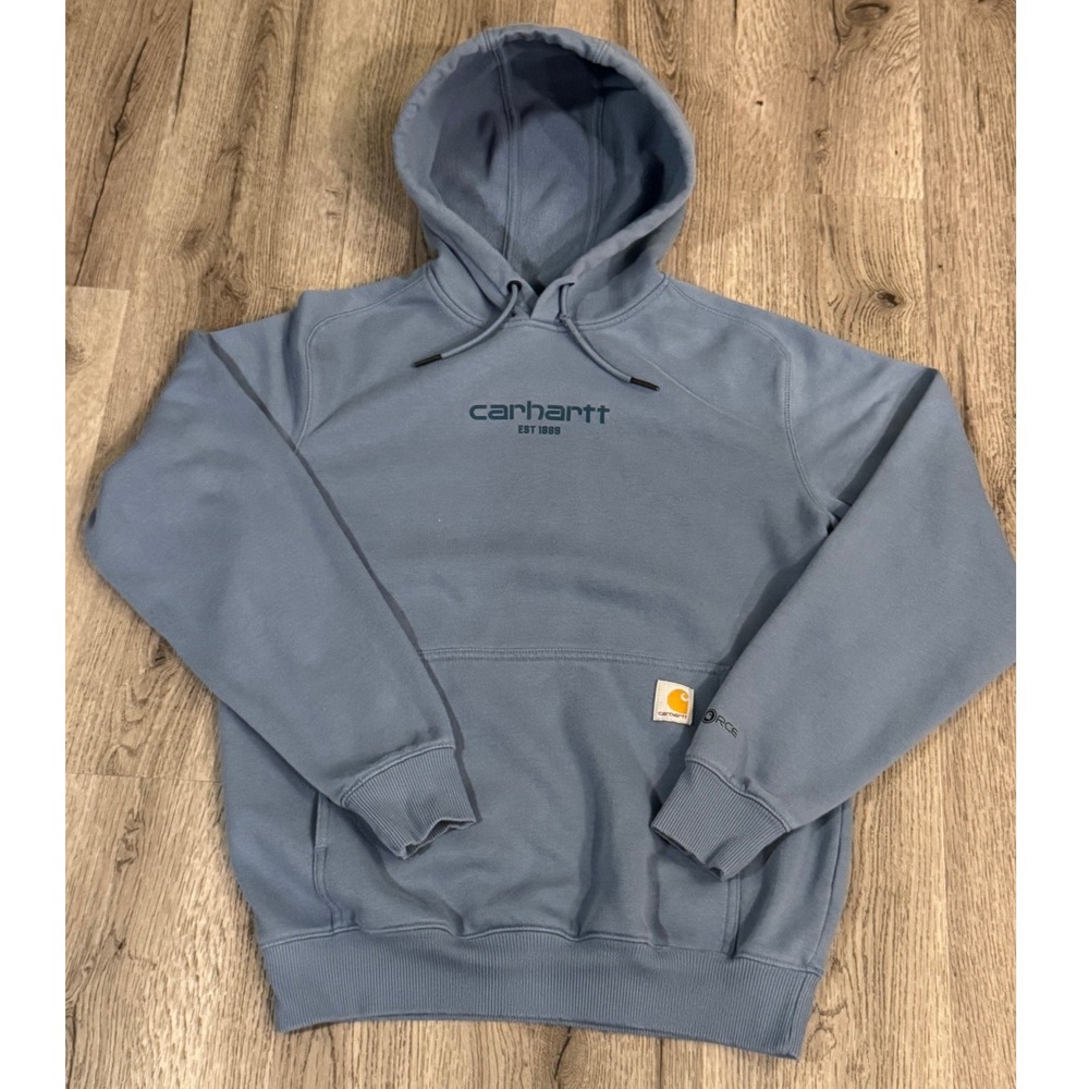Carhartt Force Relaxed Fit Hoodie Mens Small Blue Logo Pullover Sweatshirt FLAW*